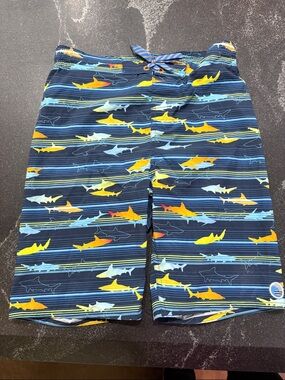 Kids Shark-Print Swim Trunks in Navy with Yellow & Light Blue Sharks